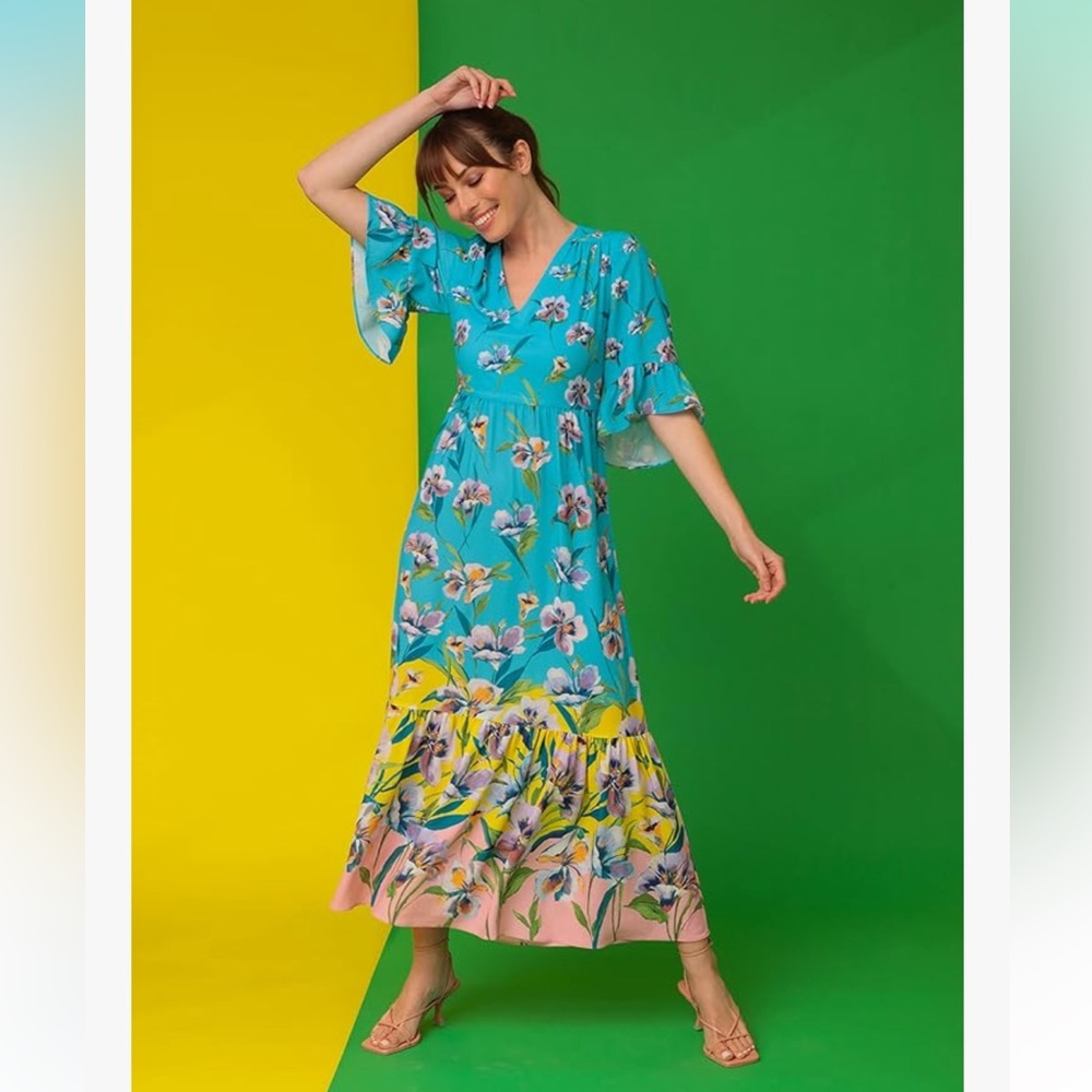 London Times Women's Floral Printed V-Neck Tiered Maxi Dress. Size 14.